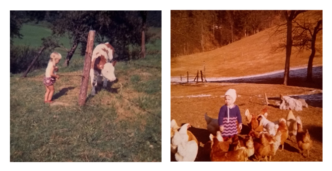 Me as a child/toddler with calf and chickens